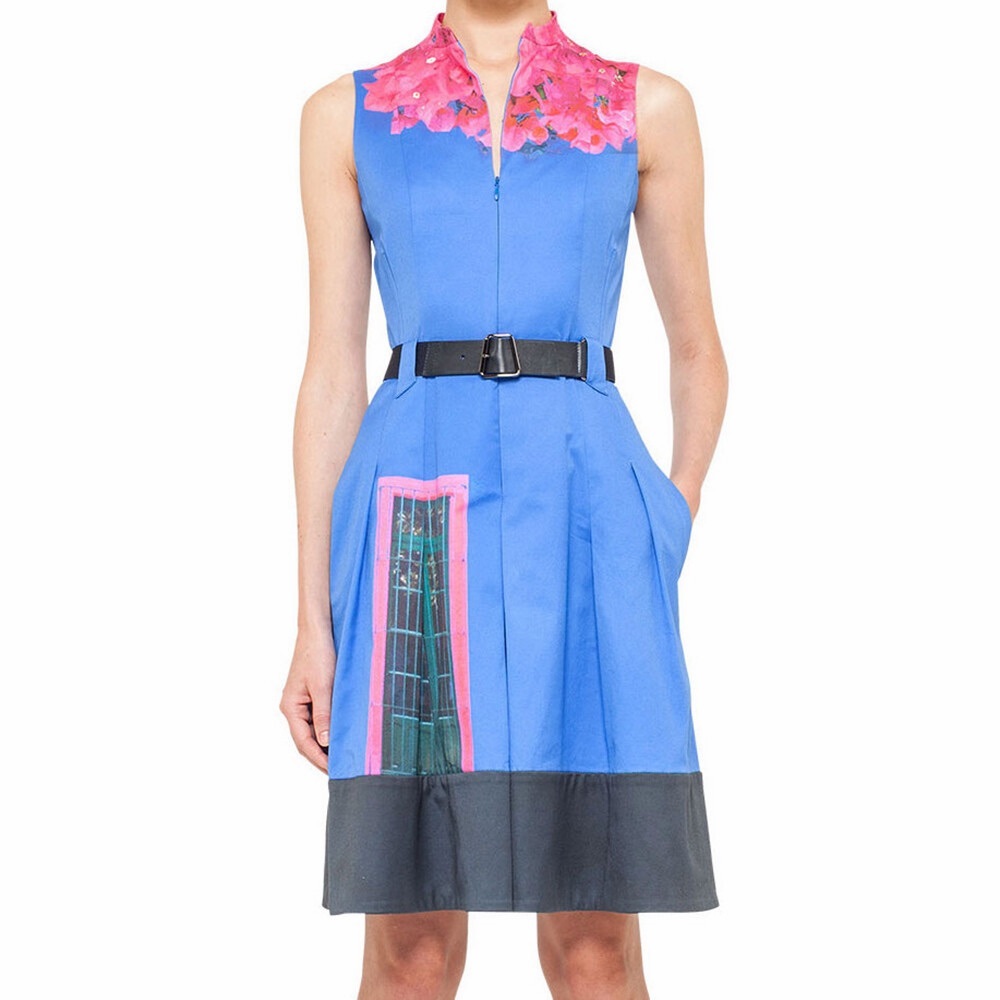 Akris Casa Azul Print Pleated Fit Flare Dress Cotton Pink Blue House Belted 10